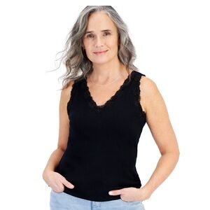 Karen Scott Cotton Lace V-neck Tank Black Medium